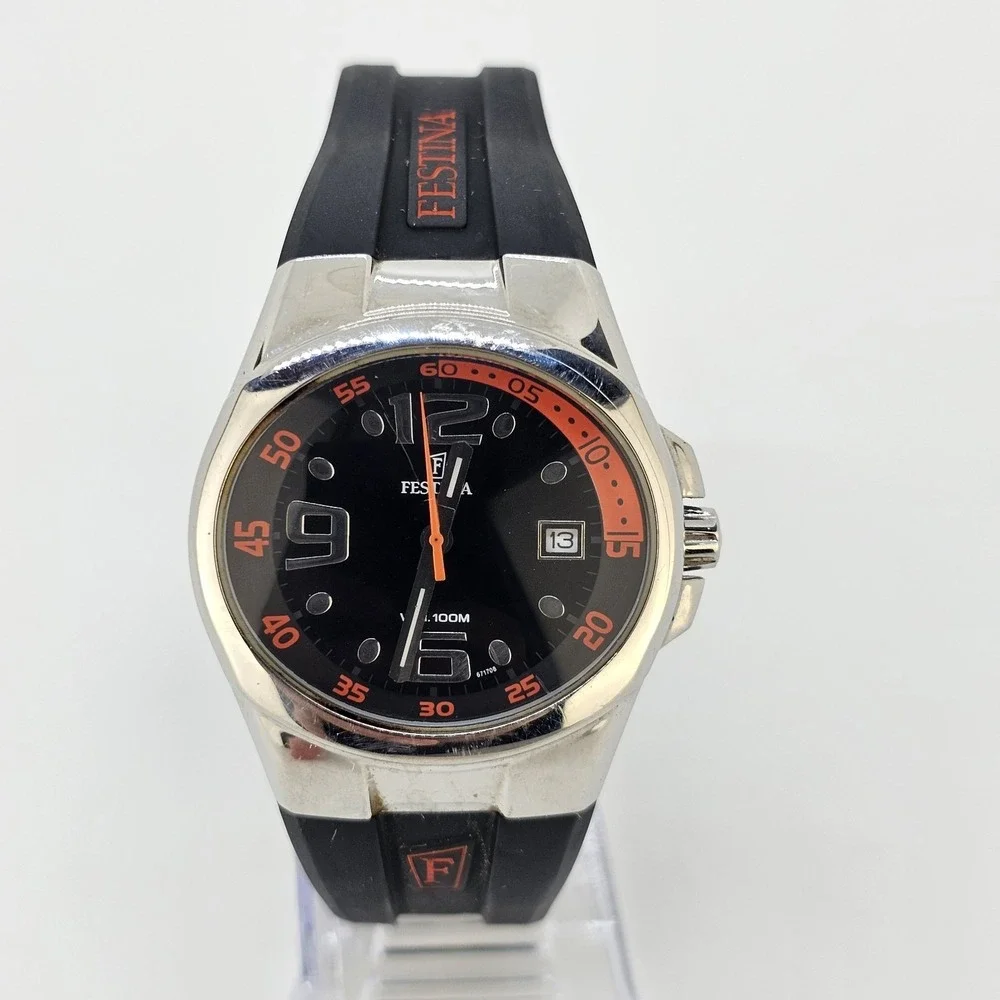 Festina Depose Men's Watch 38MM Black Dial Date Black Plastic Bands New Battery